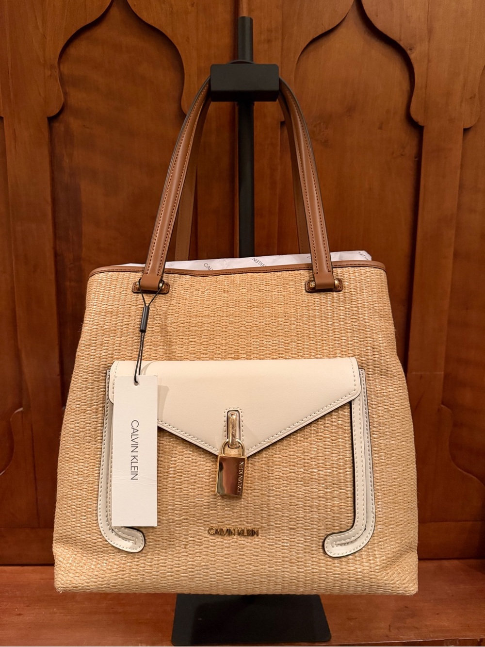 Calvin Klein Woven Straw Tote Bag NWT Tan Leather Trim Gold Lock